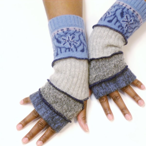 Fingerless Gloves, Wrist Warmers (Heather Blue, Heather Gray, Light Gray, Beaded Blue Print ) Brenda Abdullah