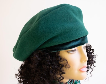 Oversized Fleece Beret: Hunter Green Velvet Band, Adjustable Slouchy Hat