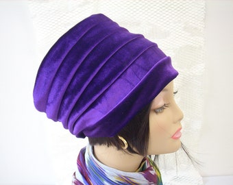 Velvet Hat/Purple Slouchy Hat/Stretch Velvet Hat for Dressy and Casual Wear/Hat for Locks/Multi Sizes & Colors/Reversible