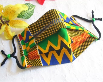 Reusable 100% Cotton Face Mask, Face Mask with Nose Wire , With Filter Pocket, Pleated Washable Face Mask, Kente  Print Pattern