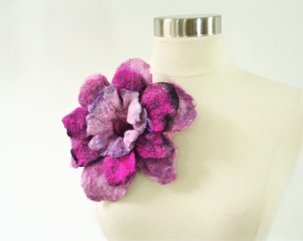Felted Floral Brooch/Pink and Mauve/Wet Felted Wool/Wearable Art /Fiber Art Brooch