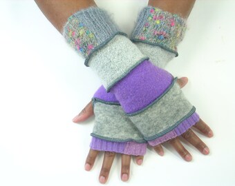 Fingerless Gloves, Wrist Warmers, Fleece Lined(Lilac/Light Gray/Amethyst/Pearl Gray/Patched Gray and Confetti Mohair) by Brenda Abdullah