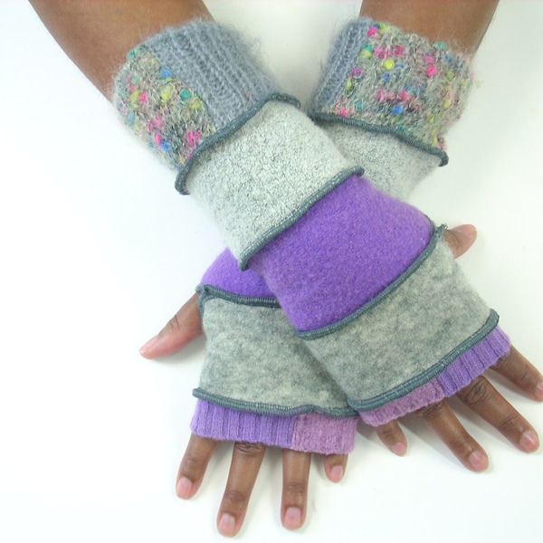 Fingerless Gloves, Wrist Warmers, Fleece Lined(Lilac/Light Gray/Amethyst/Pearl Gray/Patched Gray and Confetti Mohair) by Brenda Abdullah
