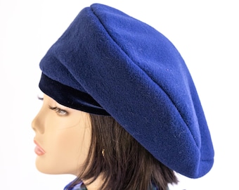 Oversized Navy Blue Fleece Beret: Slouchy Hat with Velvet Band