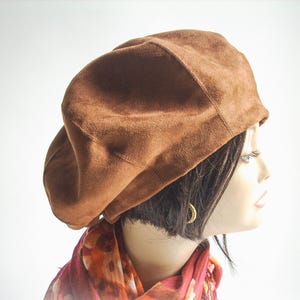 Oversized Beret/Saddle Brown /Faux Suede Tam/Satin Lined Beret/Handmade/Adjustable Hat in Multiple Sizes