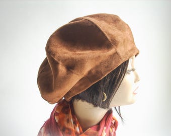 Saddle Brown Faux Suede Beret: Handmade Satin Lined Adjustable Hat
