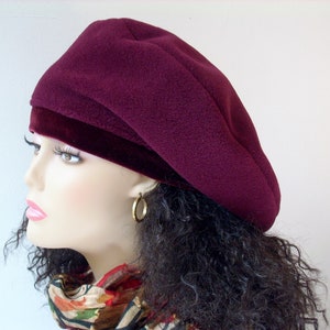 Oversized Beret, Slouchy Beret, Burgundy Tam, Fleece Beret with Stretch Velvet Band Headband, Multi-sizes image 1