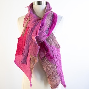 Patchwork Scarf, Pink Wool Knit Collage Scarf, Upcycled  Artisan Scarf, Handmade One of a Kind, Reversible Design