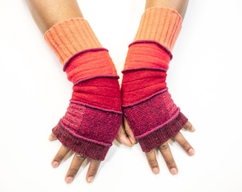Red and Crimson Upcycled Wool Fingerless Gloves: Fleece Lined Eco-Conscious Hand Warmers