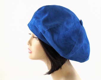 Oversized Royal Blue Beret: Faux Suede Satin-Lined Hat