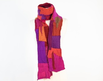 Patchwork Wool Scarf: Long Reversible Upcycled Collage