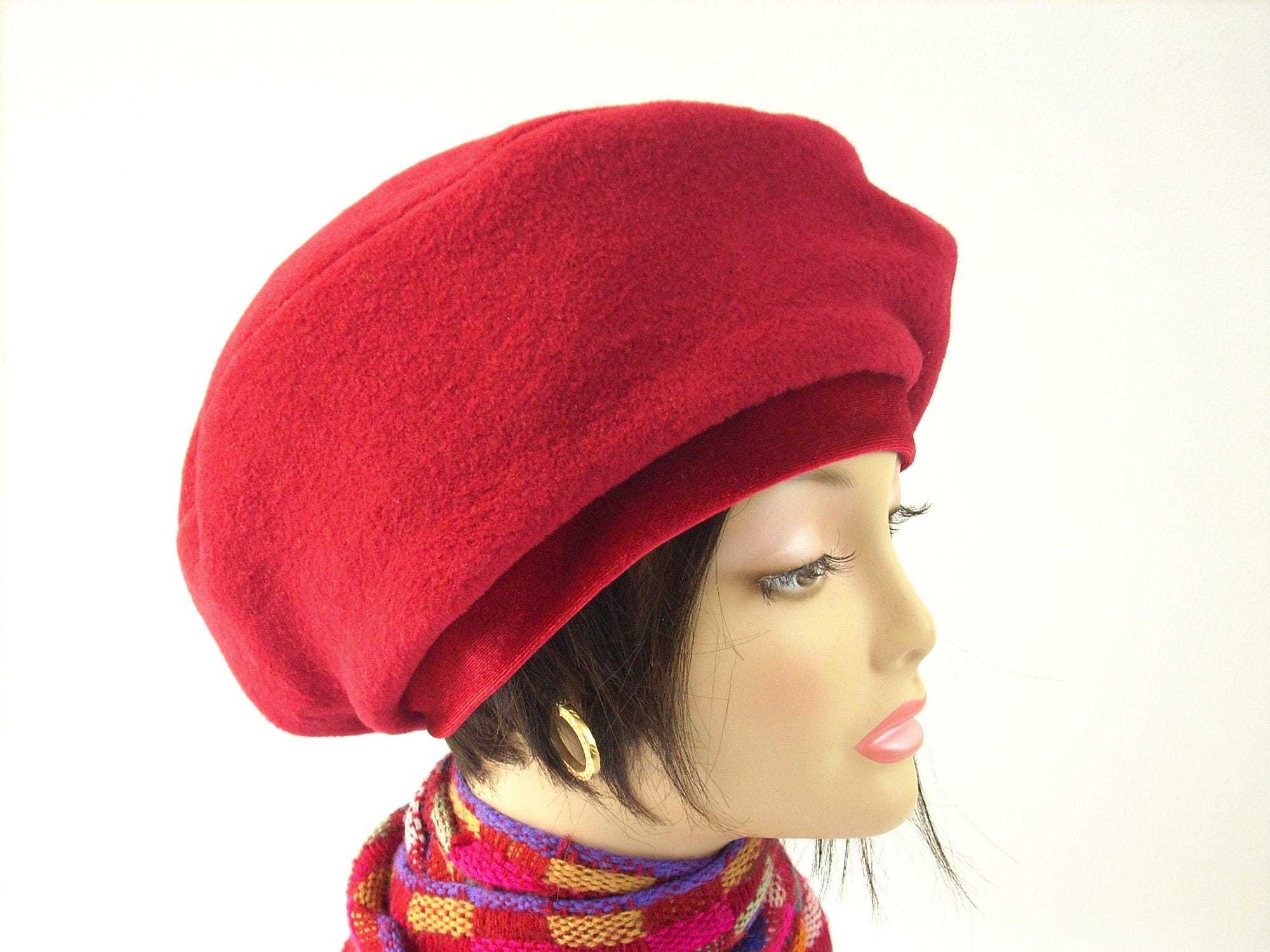 Red Fleece Beret: Slouchy Tam Hat With Velvet Band - Etsy display picture 3