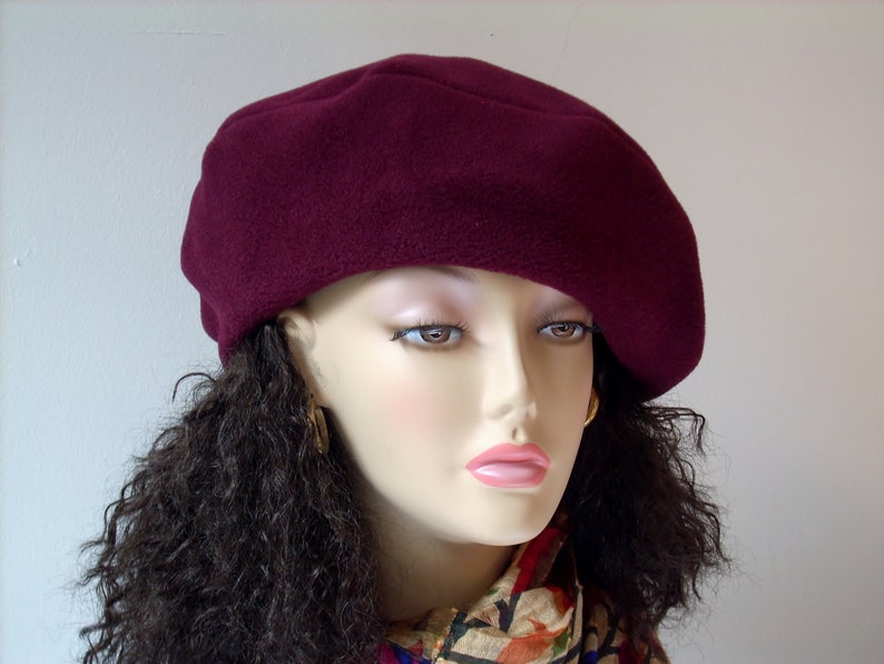 Oversized Beret, Slouchy Beret, Burgundy Tam, Fleece Beret with Stretch Velvet Band Headband, Multi-sizes image 5