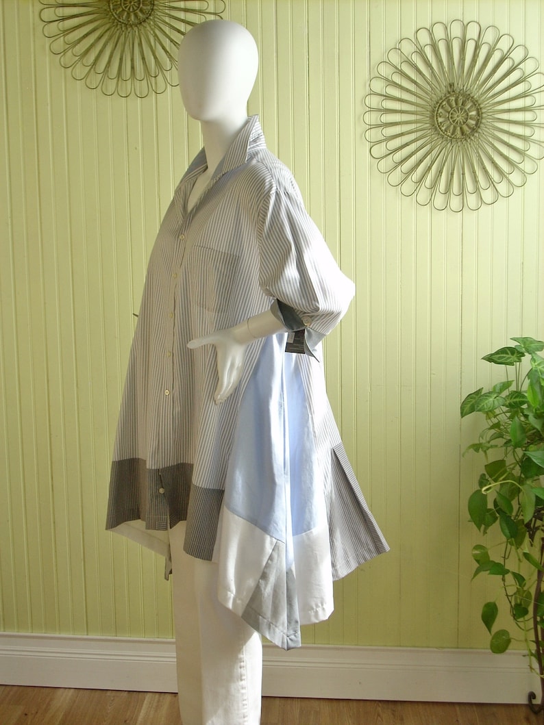 2X Women/'s Upcycled TunicBoho Altered ClothingHigh Low HemBoho Recycled ShirtBlue,White