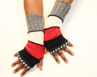 Red, Black and White Upcycled Wool Fingerless Gloves: Fleece Lined Eco-Conscious Handwarmers,