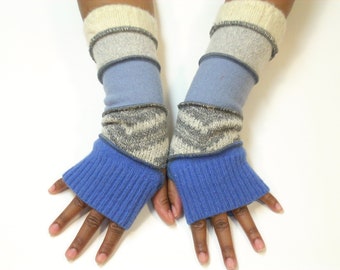 Fingerless Gloves, Wrist Warmers, Partially Lined (Blue/Gray, White Pattern/Light blue/Light Gray/Off White) by Brenda Abdullah