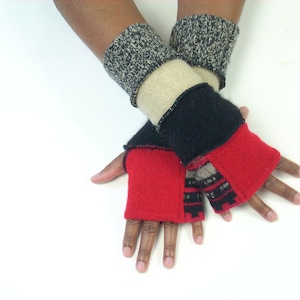 Recycled Sweater Knit Fingerless Gloves: Red Black Beige Wrist Warmers