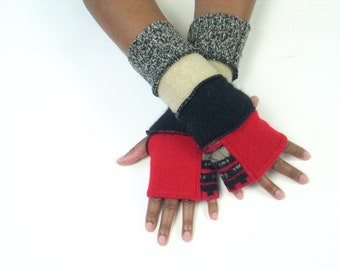 Fingerless Gloves, Wrist Warmers (Patched Red, Black and Red Pattern/Black/Beige/Black Beige Tweed) by Brenda Abdullah