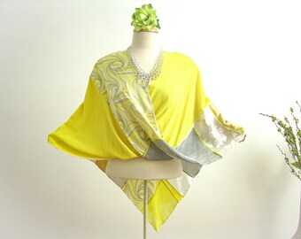 Mobius Shawl/Twisted Mobius Wrap/Patchwork Shawl/Yellow White and Gray Patchwork Wrap