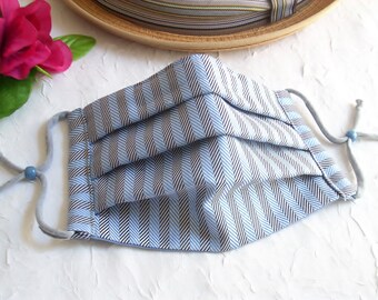 Reusable 100% Cotton Face Mask, Face Mask with Nose Wire , Filter Pocket, Pleated Washable Face Mask, Light Blue/Gray Herringbone Stripes