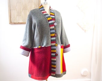 Women's Coat/Cardigan Style Patchwork Coat/Boho One of a Kind Altered Clothing/Refashioned Sweaters/Cardigan Coat Size 2X