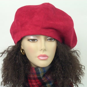 Oversized Red Beret: Faux Suede Tam, Satin Lined, Adjustable