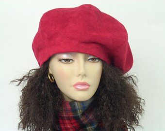 Oversized Red Beret: Faux Suede Tam, Satin Lined, Adjustable