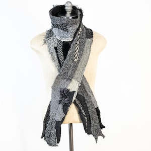 Patchwork Scarf, Long Wool Knit Collage Scarf, Upcycled  Handmade One of a Kind, Reversible Design in Dark and Light Gray and Black, #1