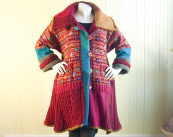 Women's Coat, XL/Upcycled Refasioned Sweater/Boho Clothing/Handmade One of a Kind Wearable Art Coat /Burgundy and Gold