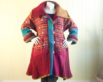 Upcycled Wool Sweater Coat: Handmade One-of-a-Kind Burgundy Gold XL