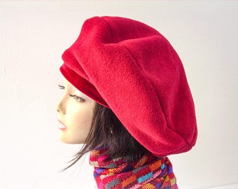 Red Fleece Beret: Slouchy Tam Hat with Velvet Band