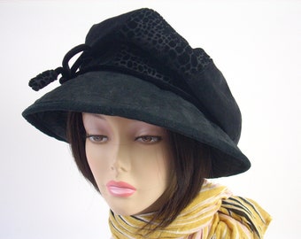 Black  Hat/Black Velveteen and Faux Suede Hat/Slouchy Crown Hat/Adjustable Brim/Dreadlock Hat by Brenda Abdullah