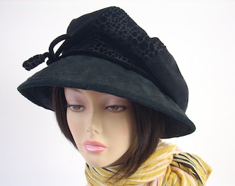 Black Velveteen Slouch Hat: Faux Suede Brim, Adjustable Dreadlock Hat