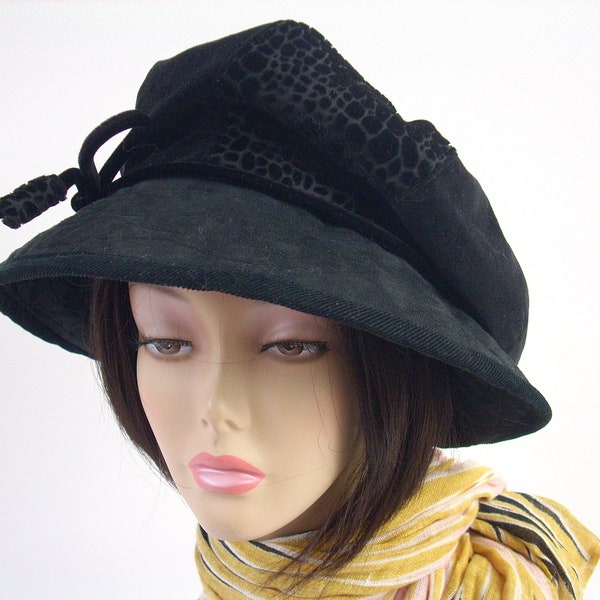 Black  Hat/Black Velveteen and Faux Suede Hat/Slouchy Crown Hat/Adjustable Brim/Dreadlock Hat by Brenda Abdullah