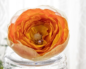 Orange Organza Flower Brooch: Upcycled Fabric Pin with Vintage Beads