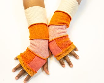 Upcycled Wool Fingerless Gloves: Fleece Lined Eco-Conscious Hand Warmers in Orange and Baby Pink