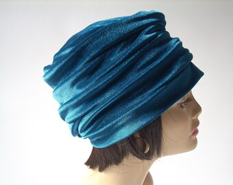 Velvet  Hat: Stretch Reversible Turban - Dark Turquoise