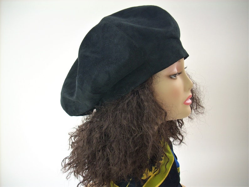 Oversized Black Beret, Black Satin Lined Beret/Faux Suede Beret, Roomy Tam, Adjustable Size Hat, Dreadlock Hat image 9