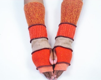 Orange Fleece Lined Fingerless Gloves: Upcycled Wool Hand Warmers