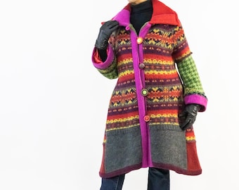 Upcycled Wool Sweater Coat: Handmade OOAK Patchwork Design