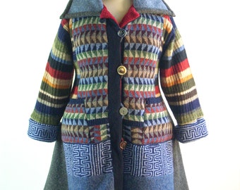 Women's Coat, Size Large/Upcycled/Refashioned Handmade Sweater Coat/Handmade Clothing/One of a Kind Wearable Art/Denim and Navy Blue