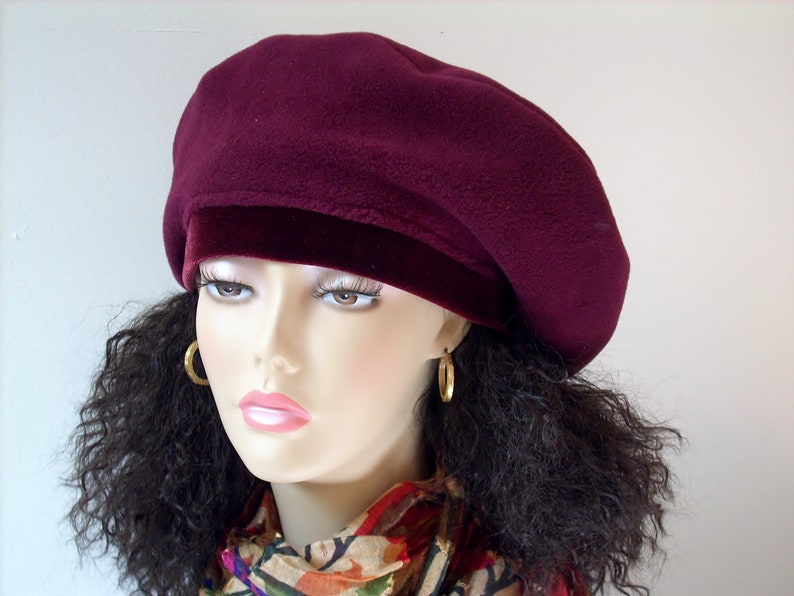 Oversized Beret, Slouchy Beret, Burgundy Tam, Fleece Beret with Stretch Velvet Band Headband, Multi-sizes image 10