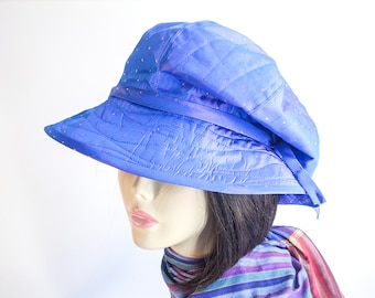 Handmade Iridescent Blue Lavender Wide Brim Hat: Slouchy Taffeta Crown