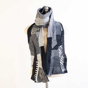 Patchwork Scarf, Long Wool Collage Scarf, Upcycled Handmade, Fiber Art Scarf, Reversible, in Gray and Black, with Black and White Accents #2