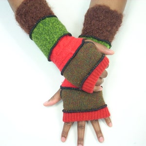 Fingerless Gloves, Hand Warmers, Fleece Lined (Brick Red/Burnt Umber/Red/Patched Green/Brown Boucle) by Brenda Abdullah