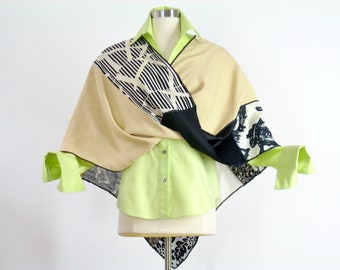 Mobius sjaal/Infinity sjaal/Twisted Mobius Wrap/Tan, zwart-witte zijden wrap/geometrische en bloemenprint door Brenda Abdullah