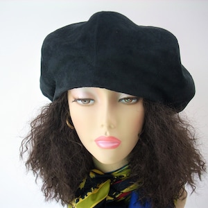 Oversized Black Beret, Black Satin Lined Beret/Faux Suede Beret, Roomy Tam, Adjustable Size Hat, Dreadlock Hat image 7