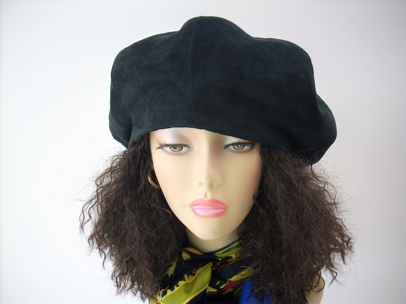 Oversized Black Beret, Black Satin Lined Beret/Faux Suede Beret, Roomy Tam, Adjustable Size Hat, Dreadlock Hat image 7