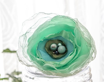 Mint Green Flower Brooch: Upcycled Organza & Satin, Beaded Pin
