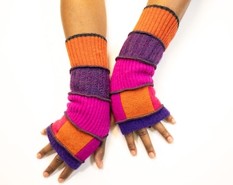 Upcycled Wool Fingerless Gloves: Deep Pink and Purple Fleece Lined Eco-Conscious Hand Warmers